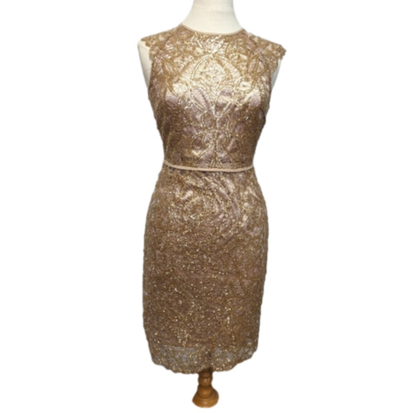 KATHERINE Kelly Gold Sequin Bodycon Midi Dress 4 Formal Sheath Dress Showgirl - Picture 1 of 14
